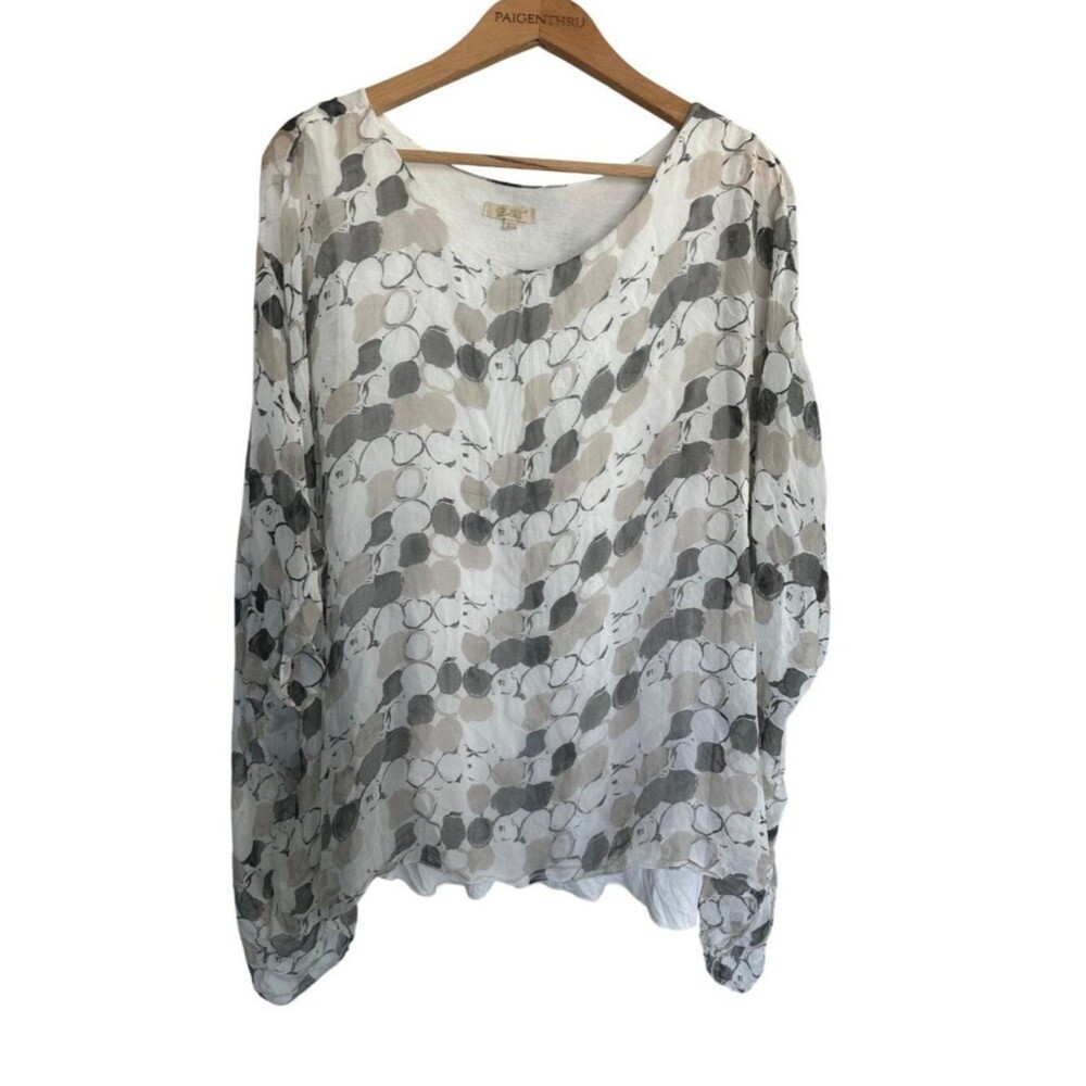 Gusy Women's LG Grey White Geometric Silk Whimsy Fairy Blouse Top